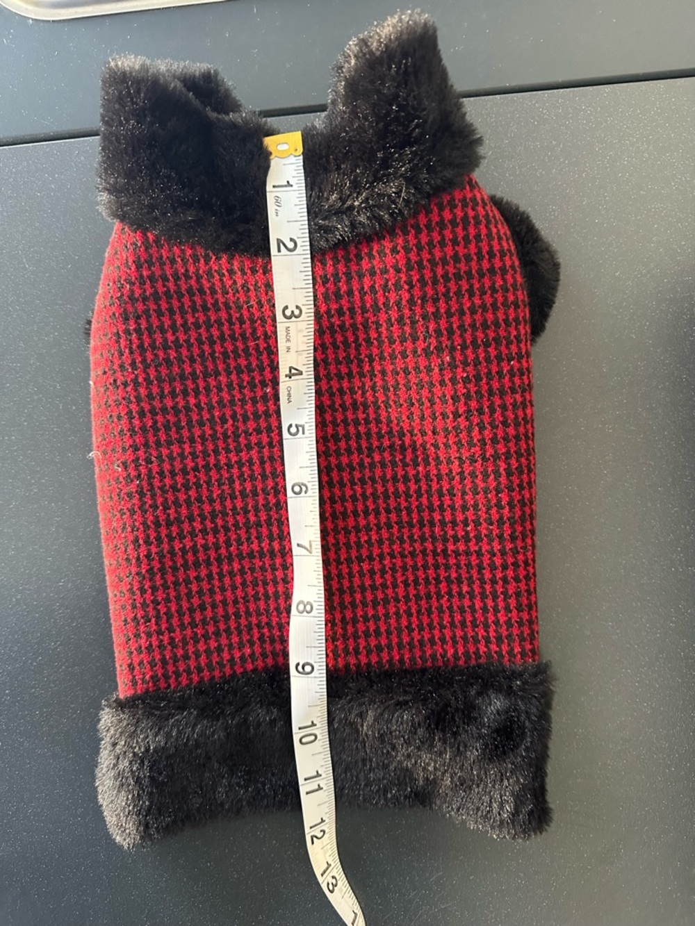 Red and Black Houndstooth Faux Fur Trim Dog Sweater